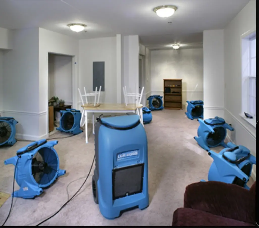 Air movers and dehumidifier setup for Water Damage Restoration in Ridgefield